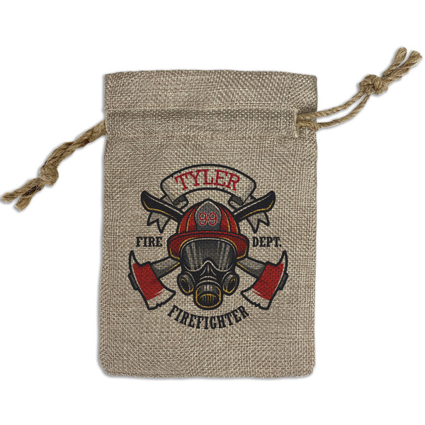 Custom Firefighter Small Burlap Gift Bag - Front (Personalized)