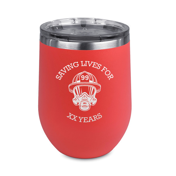Custom Firefighter Stemless Stainless Steel Wine Tumbler - Coral - Single Sided (Personalized)