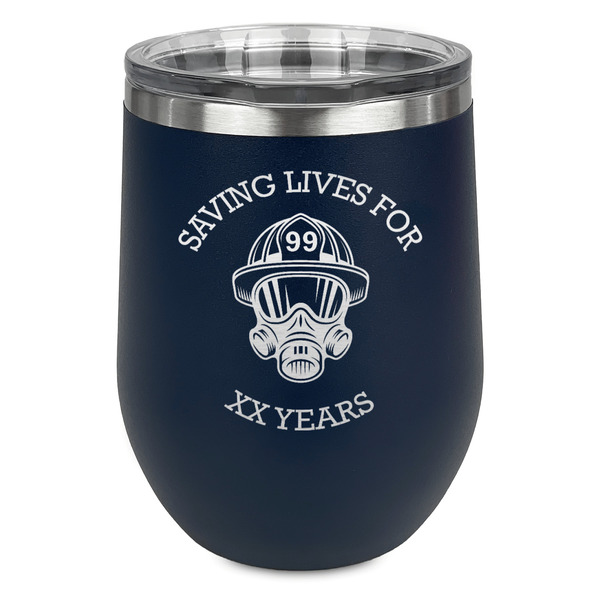 Custom Firefighter Stemless Stainless Steel Wine Tumbler - Navy - Double Sided (Personalized)