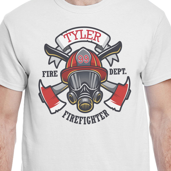 Firefighter White Crew T-Shirt on Model - CloseUp
