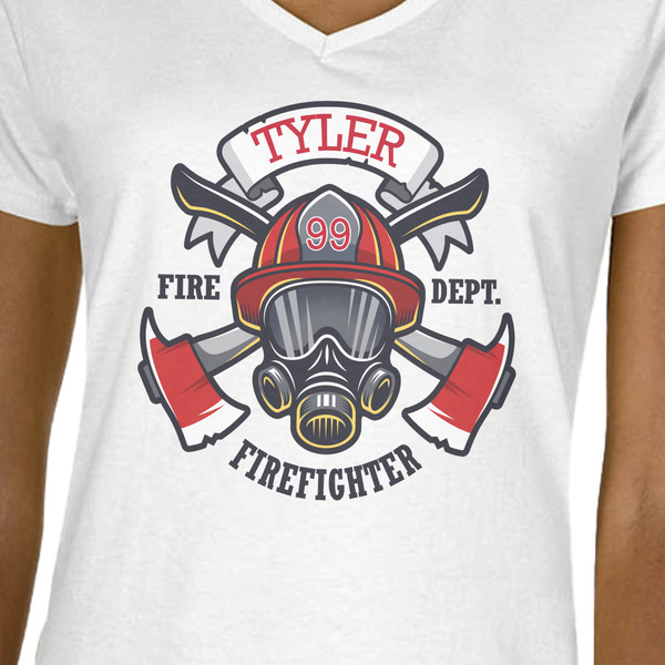 Firefighter White V-Neck T-Shirt on Model - CloseUp