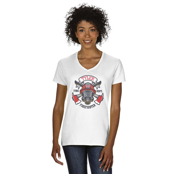 Custom Firefighter Women's V-Neck T-Shirt - White (Personalized)