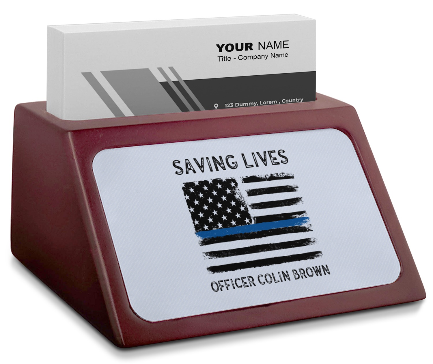 Blue Line Police Red Mahogany Business Card Holder (Personalized