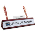 Blue Line Police Red Mahogany Nameplate with Business Card Holder (Personalized)