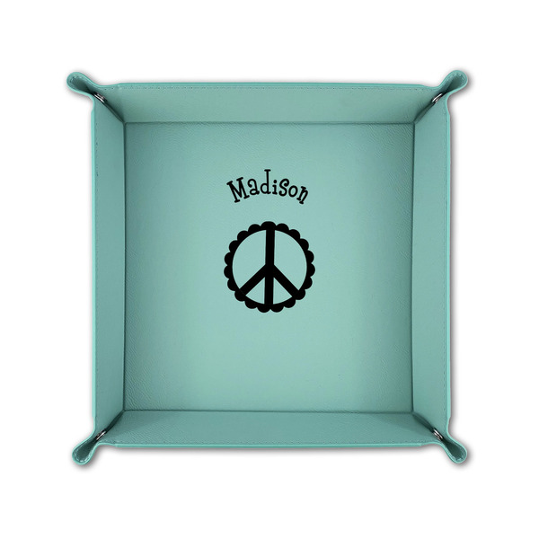 Peace Sign 6" x 6" Teal Leatherette Snap Up Tray - FOLDED UP