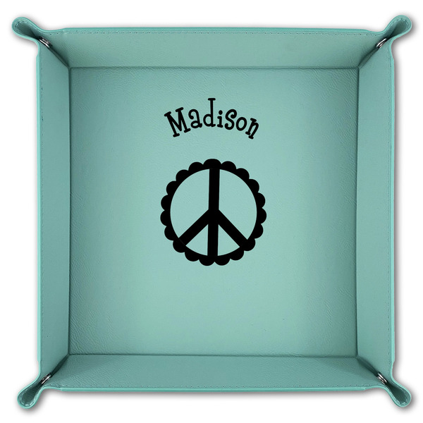 Peace Sign 9" x 9" Teal Leatherette Snap Up Tray - FOLDED