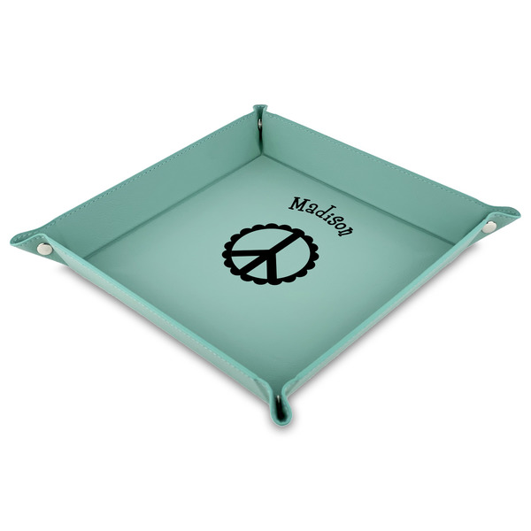 Custom Peace Sign 9" x 9" Teal Faux Leather Valet Tray (Personalized)