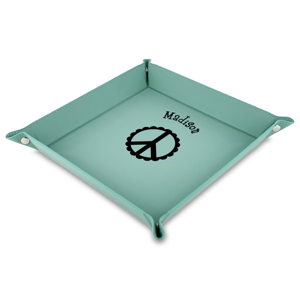 Custom Peace Sign Faux Leather Dice Tray - 9" x 9"  - Teal (Personalized)