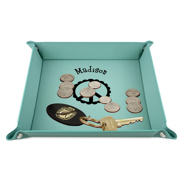 Peace Sign 9" x 9" Teal Leatherette Snap Up Tray - STYLED