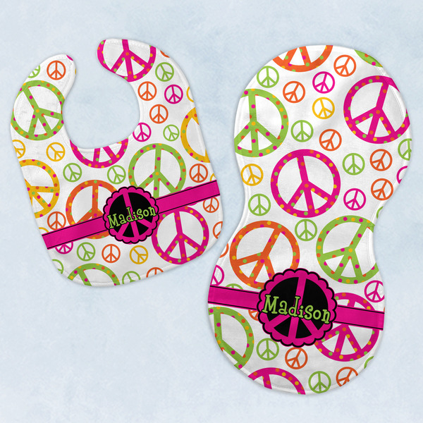 Custom Peace Sign Baby Bib & Burp Set w/ Name or Text