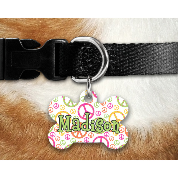 Peace Sign Bone Shaped Dog Tag on Collar & Dog
