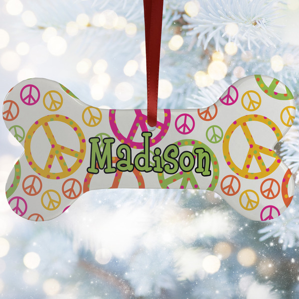 Custom Peace Sign Ceramic Dog Ornament w/ Name or Text