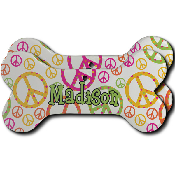 Custom Peace Sign Ceramic Dog Ornament - Front & Back w/ Name or Text