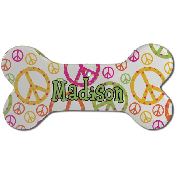 Custom Peace Sign Ceramic Dog Ornament - Front w/ Name or Text