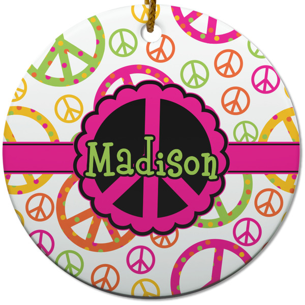 Custom Peace Sign Round Ceramic Ornament w/ Name or Text