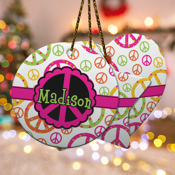 Custom Peace Sign Ceramic Ornament w/ Name or Text