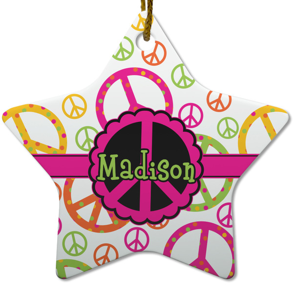 Custom Peace Sign Star Ceramic Ornament w/ Name or Text
