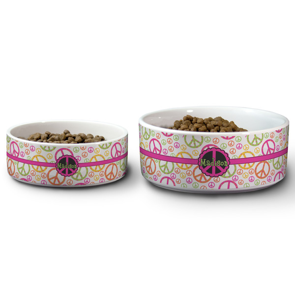 Peace Sign Ceramic Dog Bowls - Size Comparison