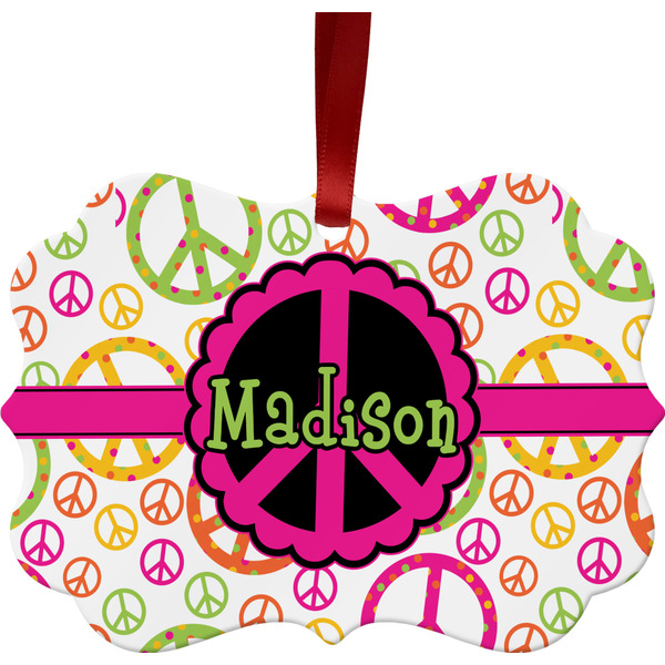 Custom Peace Sign Metal Frame Ornament - Double Sided w/ Name or Text