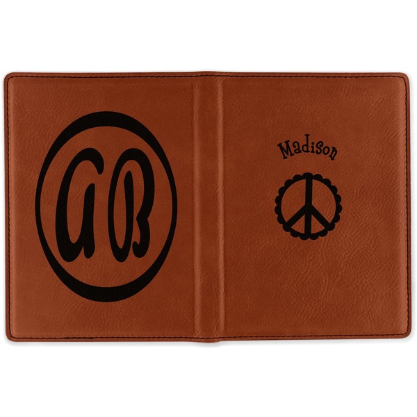 Peace Sign Cognac Leather Passport Holder Outside Double Sided - Apvl