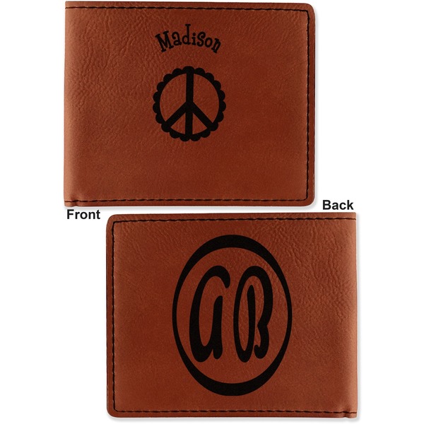 Peace Sign Cognac Leatherette Bifold Wallets - Front and Back