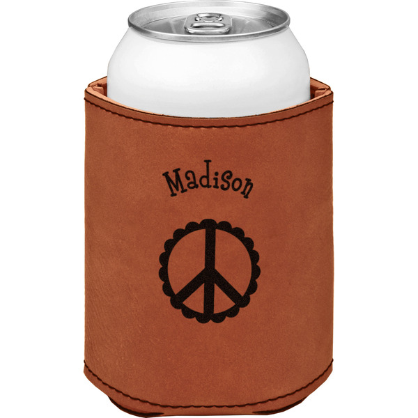Peace Sign Cognac Leatherette Can Sleeve - Single Front