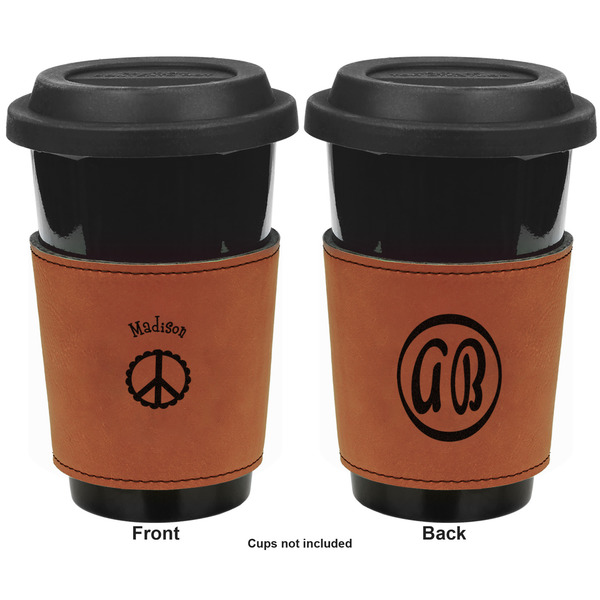 Peace Sign Cognac Leatherette Mug Sleeve - Double Sided Apvl