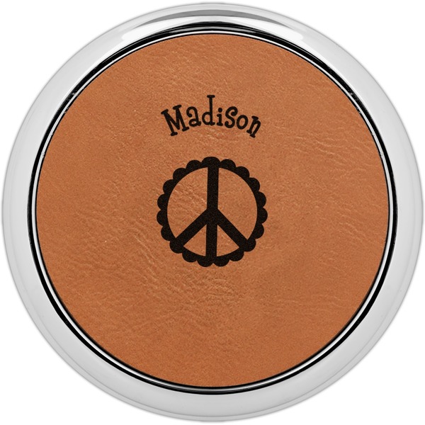 Custom Peace Sign Leatherette Round Coaster w/ Silver Edge (Personalized)