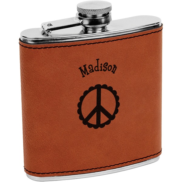 Custom Peace Sign Leatherette Wrapped Stainless Steel Flask (Personalized)