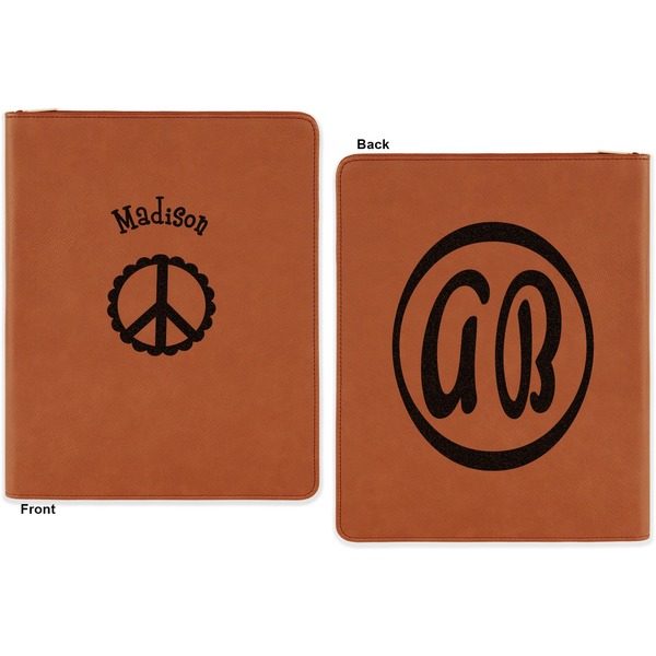 Peace Sign Cognac Leatherette Zipper Portfolios with Notepad - Double Sided - Apvl