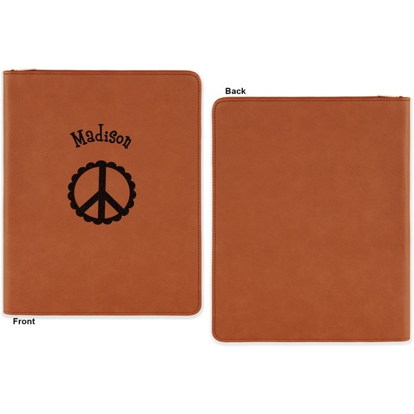 Peace Sign Cognac Leatherette Zipper Portfolios with Notepad - Single Sided - Apvl