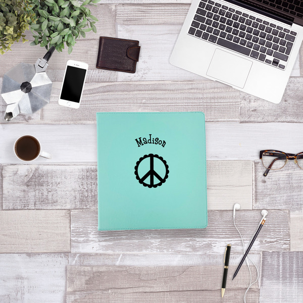 Peace Sign Leather Binder - 1" - Teal - Lifestyle View