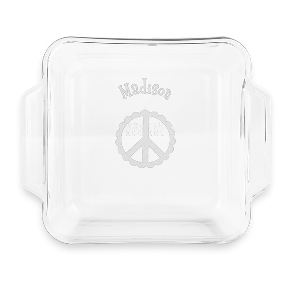 Custom Peace Sign Glass Cake Dish with Truefit Lid - 8in x 8in (Personalized)