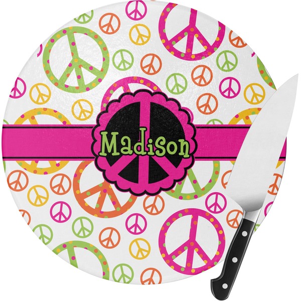 Custom Peace Sign Round Glass Cutting Board - Medium (Personalized)
