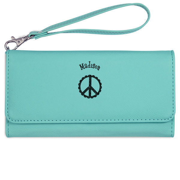 Custom Peace Sign Ladies Leatherette Wallet - Laser Engraved- Teal (Personalized)