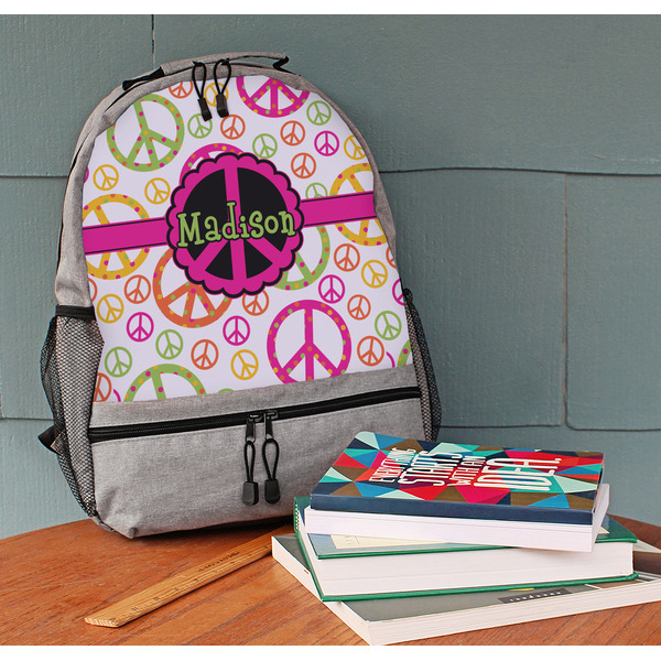 Peace Sign Large Backpack - Gray - On Desk