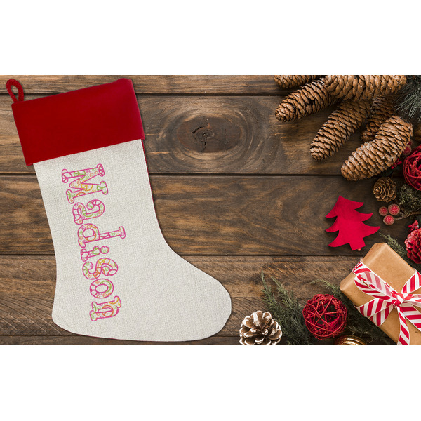 Peace Sign Linen Stocking w/Red Cuff - Flat Lay (LIFESTYLE)