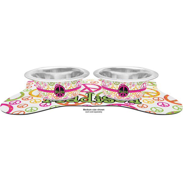 Peace Sign Metal Pet Bowls - On Dog Bone Shaped Mat