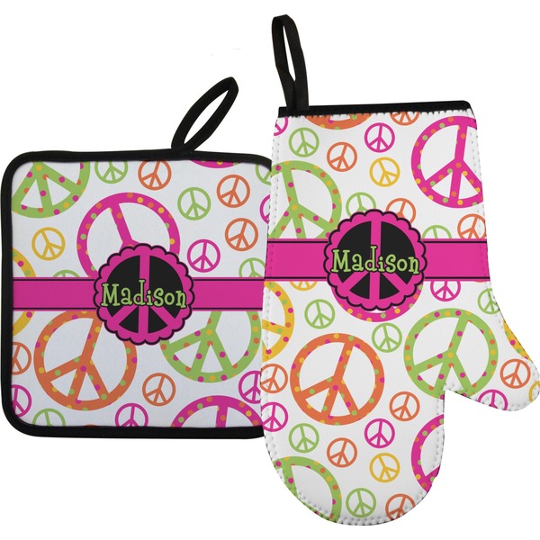Custom Peace Sign Right Oven Mitt & Pot Holder Set w/ Name or Text
