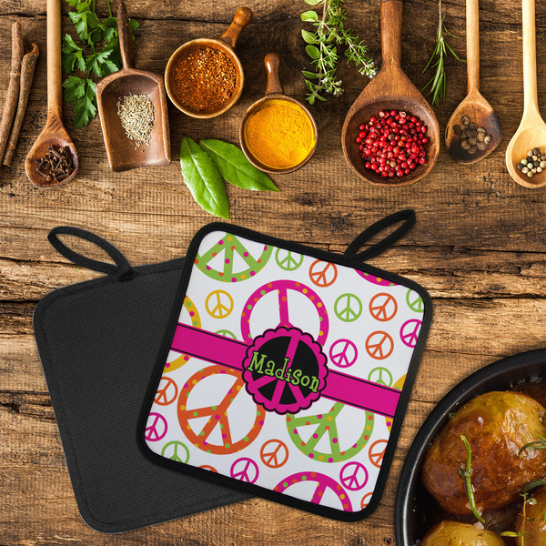 Peace Sign Neoprene Pot Holder - Set of 2  LIFESTYLE (Flatlay)