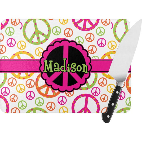 Custom Peace Sign Rectangular Glass Cutting Board - Large - 15.25"x11.25" w/ Name or Text