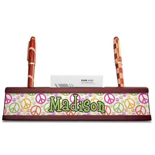 Peace Sign Red Mahogany Nameplates with Business Card Holder - Straight