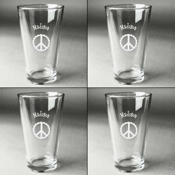 Peace Sign Set of Four Engraved Beer Glasses - Individual View