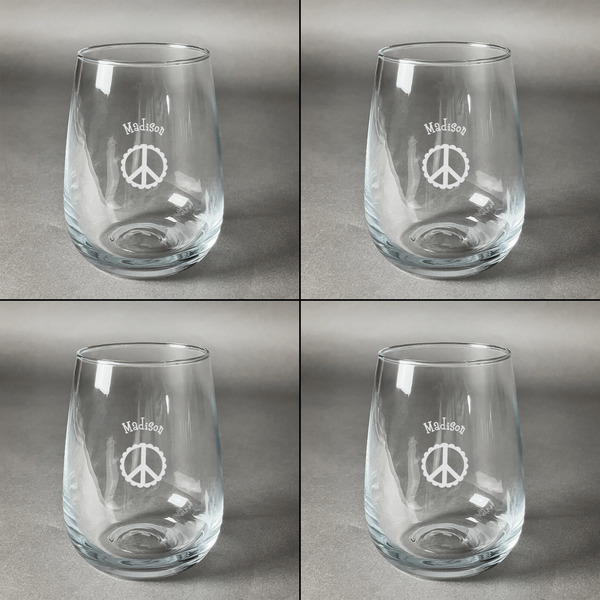 Peace Sign Set of Four Personalized Stemless Wineglasses (Approval)