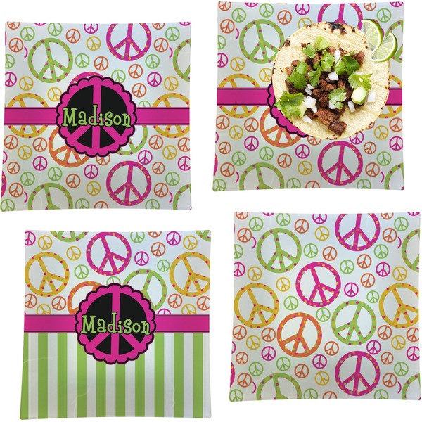 Custom Peace Sign Set of 4 Glass Square Lunch / Dinner Plate 9.5" (Personalized)