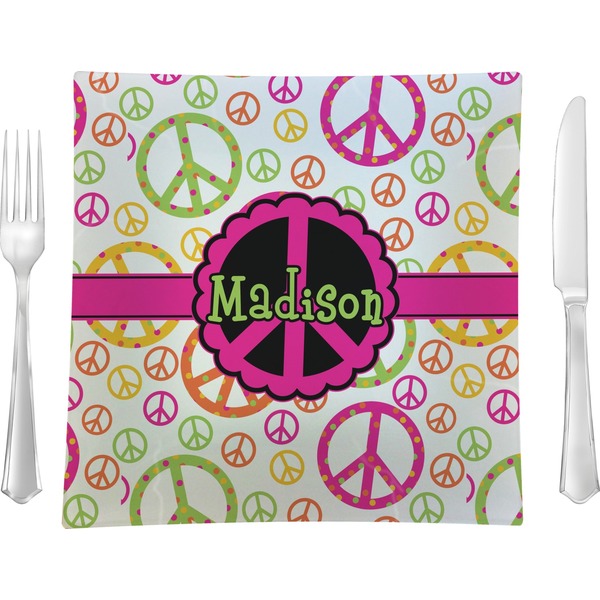 Custom Peace Sign 9.5" Glass Square Lunch / Dinner Plate- Single or Set of 4 (Personalized)
