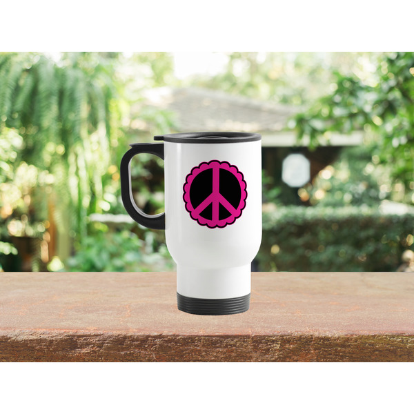 Peace Sign Stainless Steel Travel Mug with Handle Lifestyle