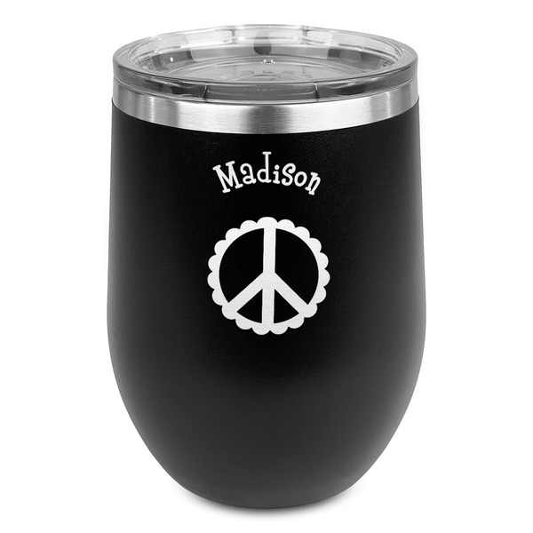 Custom Peace Sign Stemless Stainless Steel Wine Tumbler - Black - Single Sided (Personalized)