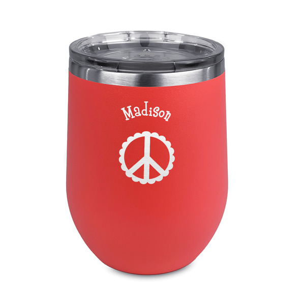 Custom Peace Sign Stemless Stainless Steel Wine Tumbler - Coral - Single Sided (Personalized)