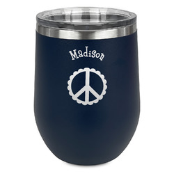 Peace Sign Stemless Stainless Steel Wine Tumbler - Navy - Double Sided (Personalized)